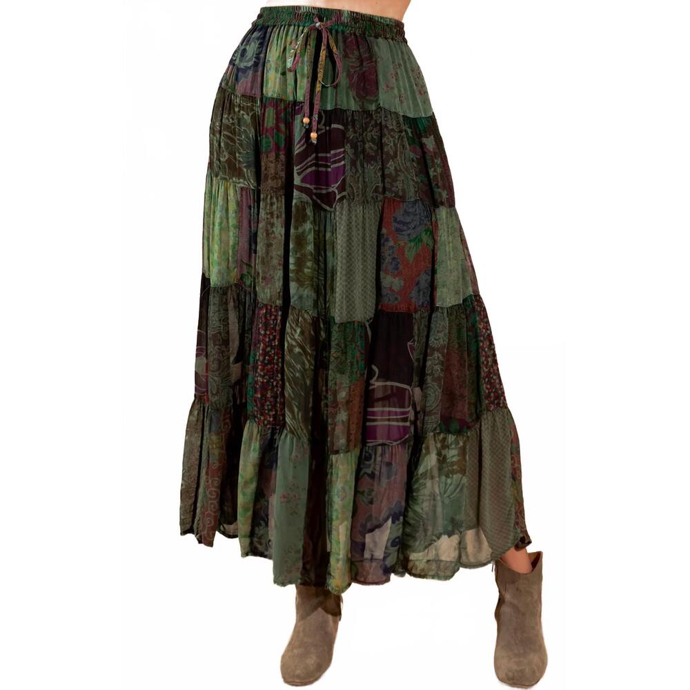NEW YOUNG THREADS patchwork maxi skirt in green multi